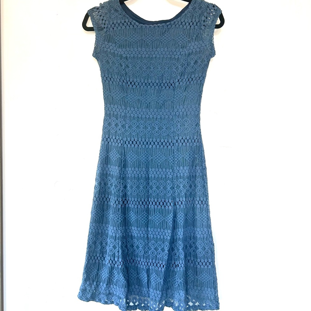 Sharagano Navy Diamond Pattern Lace Dress